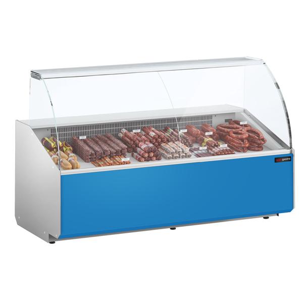 Chladicí pultová vitrína - 2506x979x1323 mm - 512 l - Barva tmavě šedá - Přední panel světle modrá - se skleněným čelem - s 4 dveřmi - s 1 policemi