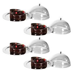 (4 pcs) Serving Tray - Stainless Steel - Ø390mm - Height: 180mm - non-slip surface - polished - with clear dome