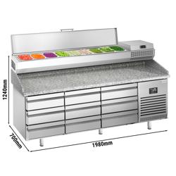 Pizzawerkbank PREMIUM PLUS - 1980x700mm - met granieten werkblad - met 9 laden - incl. opzetkoelvitrine - 9x GN 1/4