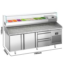 Pizzawerkbank PREMIUM PLUS - 1980x700mm - met granieten werkblad - met 2 deuren & 2 laden - incl. glasvitrine - 9x GN 1/4