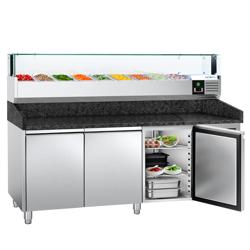 Masă frigorifică pentru preparare pizza PREMIUM - cu blat din granit - 2000x800 mm - cu 3 uși - cu vitrină de ingrediente cu LED - 9x GN 1/3
