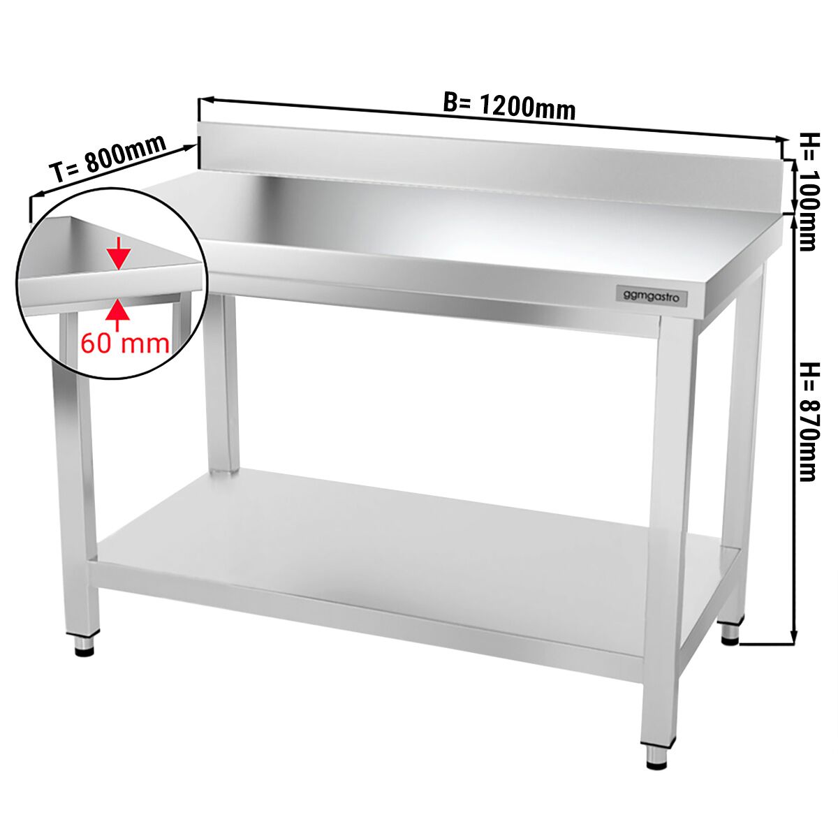 Radni stol od nehrđajućeg čelika PREMIUM - 1200x800 mm - Sa podnom pločom & poleđinom