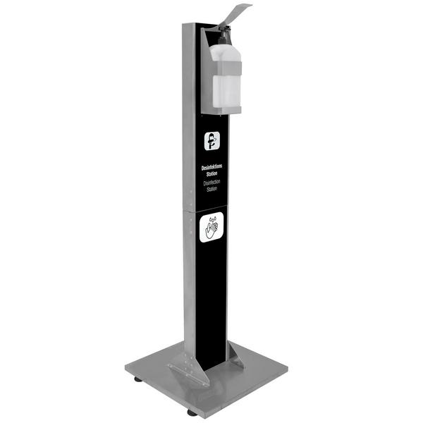 Estación de desinfección - Acero inoxidable - con soporte de pie, con cartela A4, con palanca, para gel hidroalcohólico
