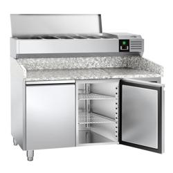 Table à pizza réfrigérée PREMIUM – 1500 × 800 mm – avec 2 portes – vitrine réfrigérée incluse – 7 × GN 1/4