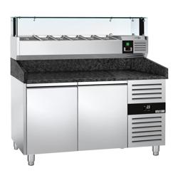 Chladicí stůl na pizzu PREMIUM - 1500x800 mm - se 2 dveřmi - se žulovou pracovní deskou - vč. chladicí nástavbové vitríny s LED osvětlením - 6x GN 1/3 - se skleněným krytem