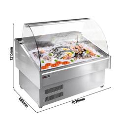 Vitrina expositora refrigerada para peixe - 1030x880x1215mm - vidro panorâmico - iluminação LED - refrigeração estática - com rodas