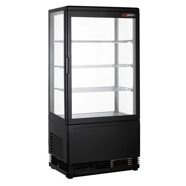 Vitrine Refrigerada de bancada PANORÂMICA - 68L - 428mm - Vidro duplo - com 4 prateleiras - 1 porta - Preto