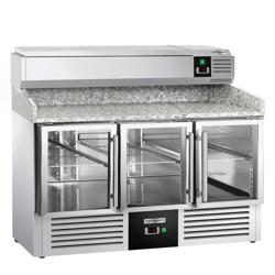 Pizzawerkbank PREMIUM - 1400x700mm - met granieten werkblad - met 3 glazen deuren - incl. opzetkoelvitrine - 6x GN 1/4
