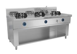 Commercial Gas Wok Stove - 3 Burners - 42 kW - 700 mm Deep - Mini Water Column - Independent Temp Control - LPG 37 mbar (convertible to NG) - NG Nozzles Included