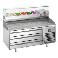Table réfrigérée pour pizza Premium PLUS - 1490x700mm - avec 6 tiroirs - vitrine réfrigérée incluse - 6x GN 1/4	