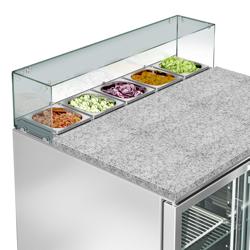 Commercial Saladette Counter PREMIUM - 900mm - 240L - 2 glass doors - with square glass canopy for 5 x GN 1/6