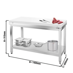 Tavolo da lavoro in acciaio inox PREMIUM - 1400x800 mm - con ripiano inferiore senza alzatina incl. tagliere	