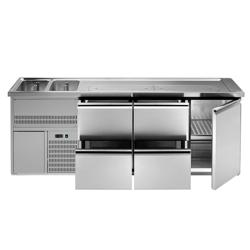 Commercial Refrigerated Beer Counter 1 Stainless Door + 4 Drawers PREMIUM – 2 sinks left - 2500×700 mm - 3 drip trays