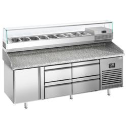 Pizzawerkbank PREMIUM PLUS - 1980x700mm - met granieten werkblad - met 1 deur & 4 laden - incl. glasvitrine - 9x GN 1/4