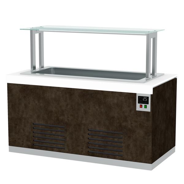 Buffet-tiski PRAG - 1400 mm - varustettu: Kylmävitriini - 3 GN GN 1/1 -astiaa - pyörillä