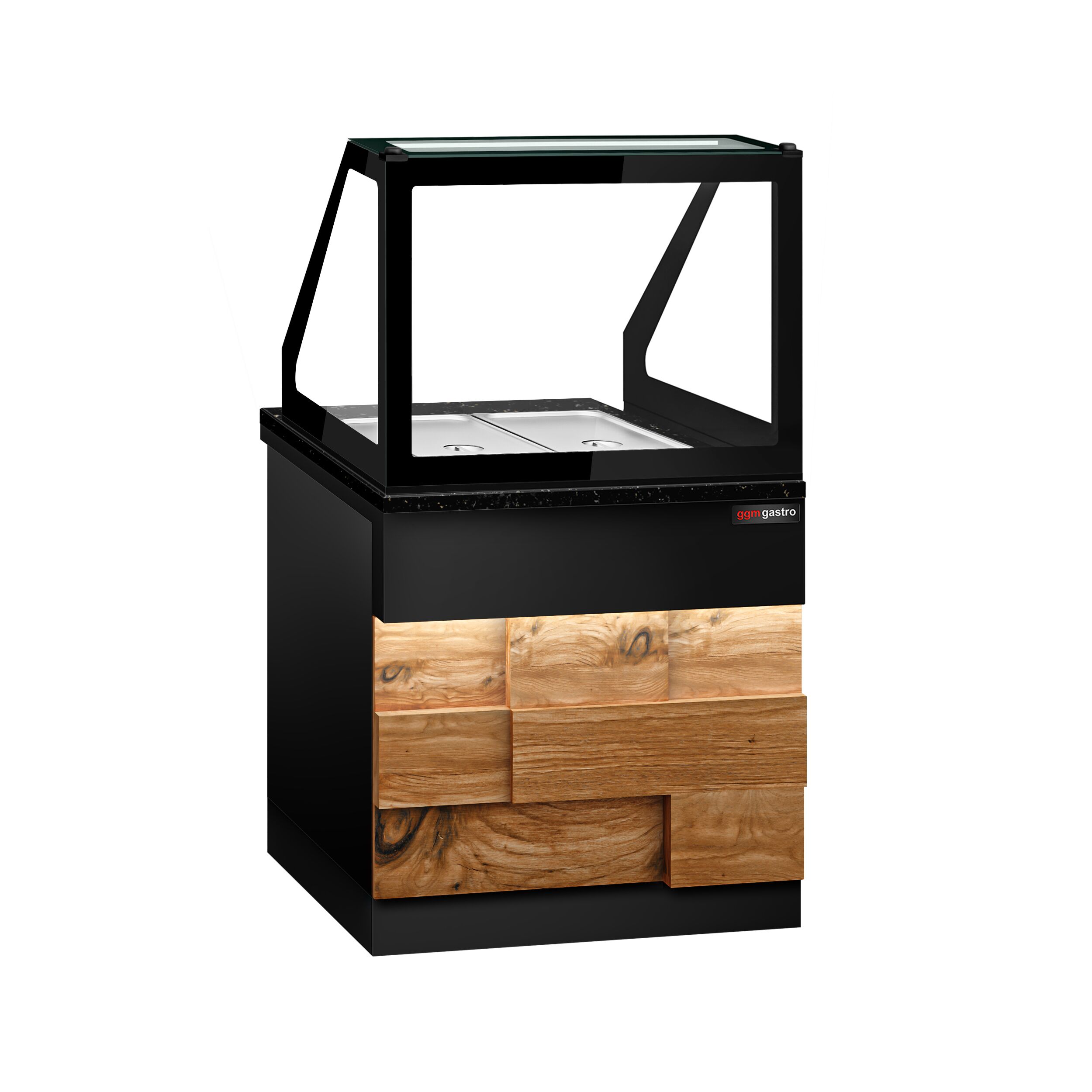 Vitrine chauffante TORONTO – 800 mm – façade en bois – pour 2 × GN 1/1 – plan de travail en granit noir