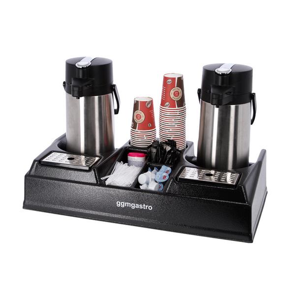 Station café pour 2 verseuses isothermes - Avec 5 compartiments de rangement - Plastique - 665x330x145mm - incl. 2 inserts en plastique réglables & bacs d'égouttage