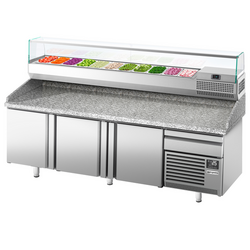 Tavolo refrigerato per pizza Premium PLUS - 2305x800mm - con 3 ante - incl. vetrina refrigerata - 11x GN 1/4