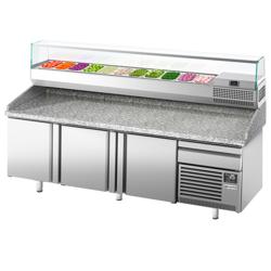 Pizzawerkbank PREMIUM PLUS - 2305x800mm - met granieten werkblad - met 3 deuren & 1 laden - incl. glasvitrine - 11x GN 1/4