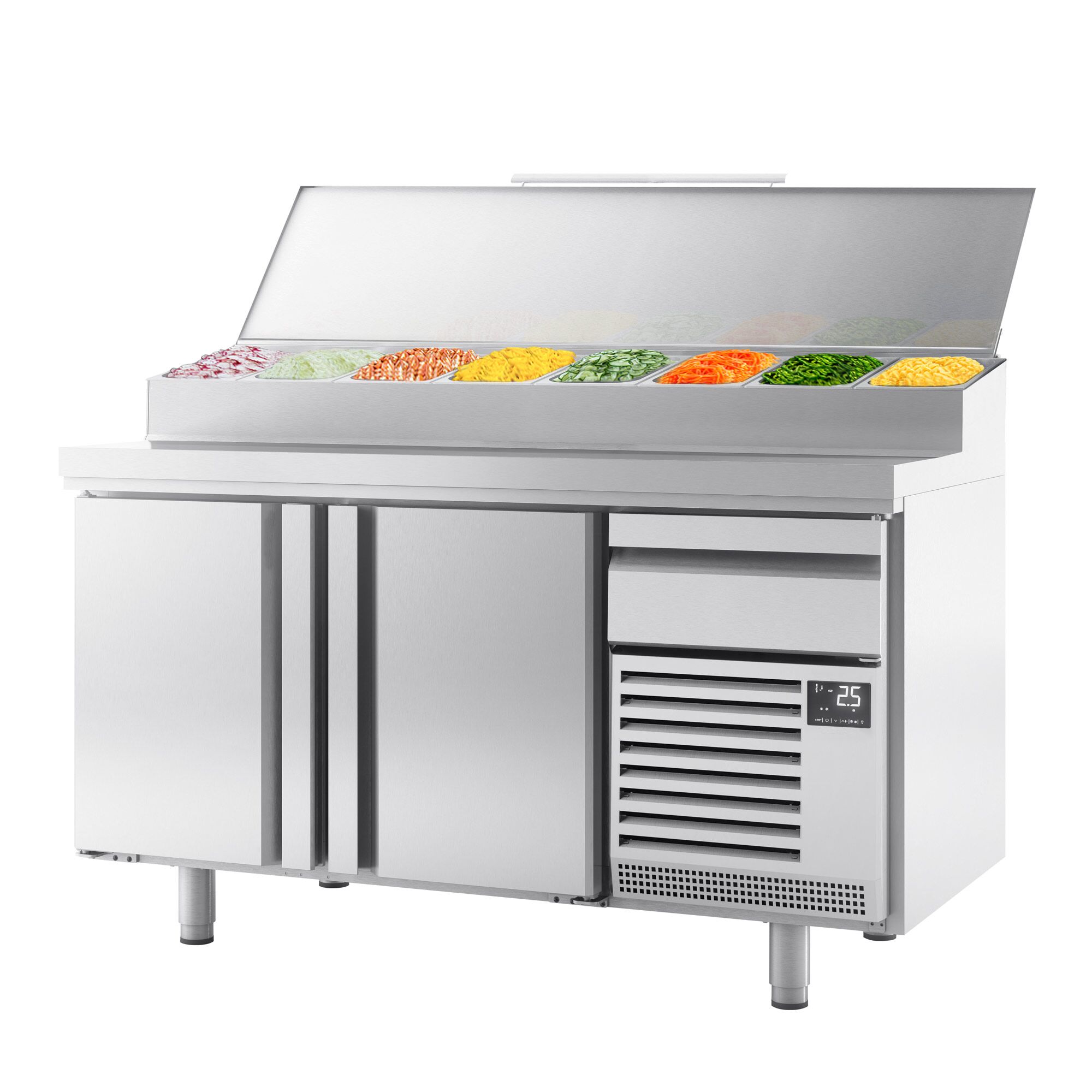 Table réfrigérée de préparation pour boulangerie - avec 2 portes & 1 tiroir - dimensions de compartiment EN - superstructure en inox 9x GN 1/3