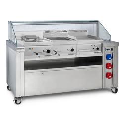 Mobiele kookstation - 1600x850mm - Hoogte: 1170mm - incl. bakplaat geribbeld 40cm, friteuse 10L & bain-marie
