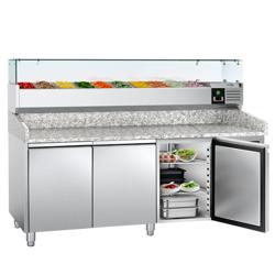 Pizzawerkbank ECO - 2025x800mm - met granieten werkblad - met 3 deuren - incl. glasvitrine - 10x GN 1/4