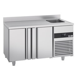 Koelwerkbank PREMIUM - 1430x700mm - met 2 deuren, 1 spoelbak rechts & achterwand