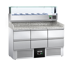 Ψυγείο Πάγκος Πίτσας PREMIUM - 1400x700mm - με 6 συρτάρια 1/2 - με ψυχόμενη βιτρίνα GN 1/4