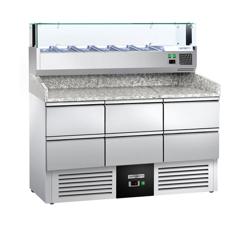 Pizzawerkbank PREMIUM - 1400x700mm - met granieten werkblad - met 6 laden 1/2 - incl. opzetkoelvitrine LED - 6x GN 1/4