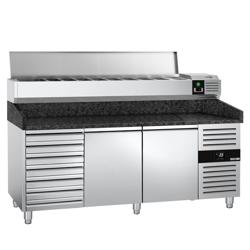 Pizzawerkbank PREMIUM - 2025x800mm - met granieten werkblad - met 2 deuren & 7 laden - incl. opzetkoelvitrine - 9x GN 1/3