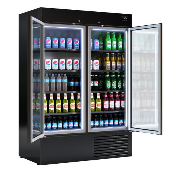 Murale Refrigerato Professionale - 1384mm - 1310l - +4°/+8°C - con 2 porte a battente in vetrocamera & 4 ripiani - Nero