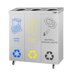 Poubelle de tri sélectif - 3 bacs de 25L chacun - 75L - 755x725x255mm - avec roulettes, bacs amovibles, autocollants de tri - Acier inoxydable