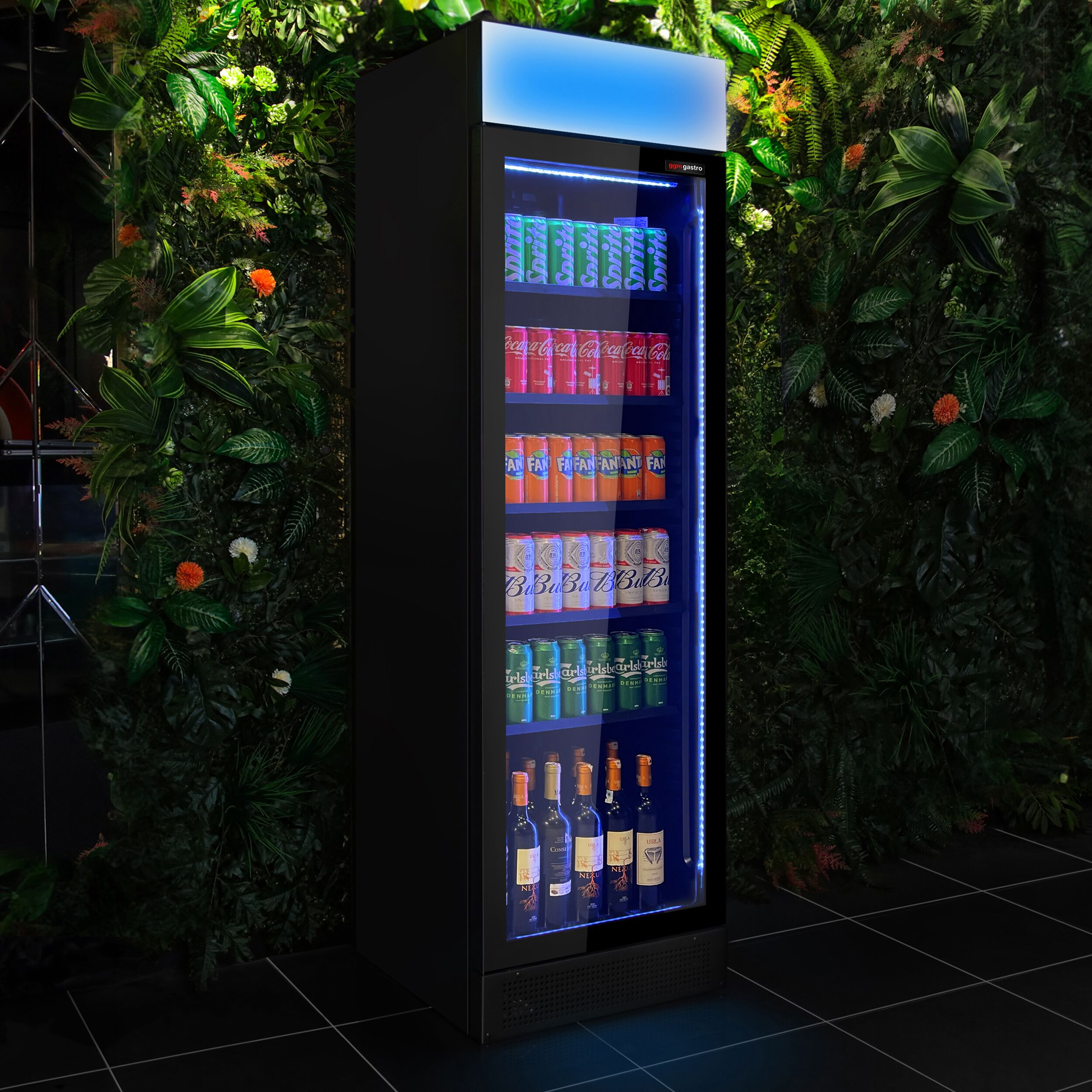 Getränkekühlschrank - 345 Liter - rahmenloses Design - 1 Glastür & farbigem LED-Licht
