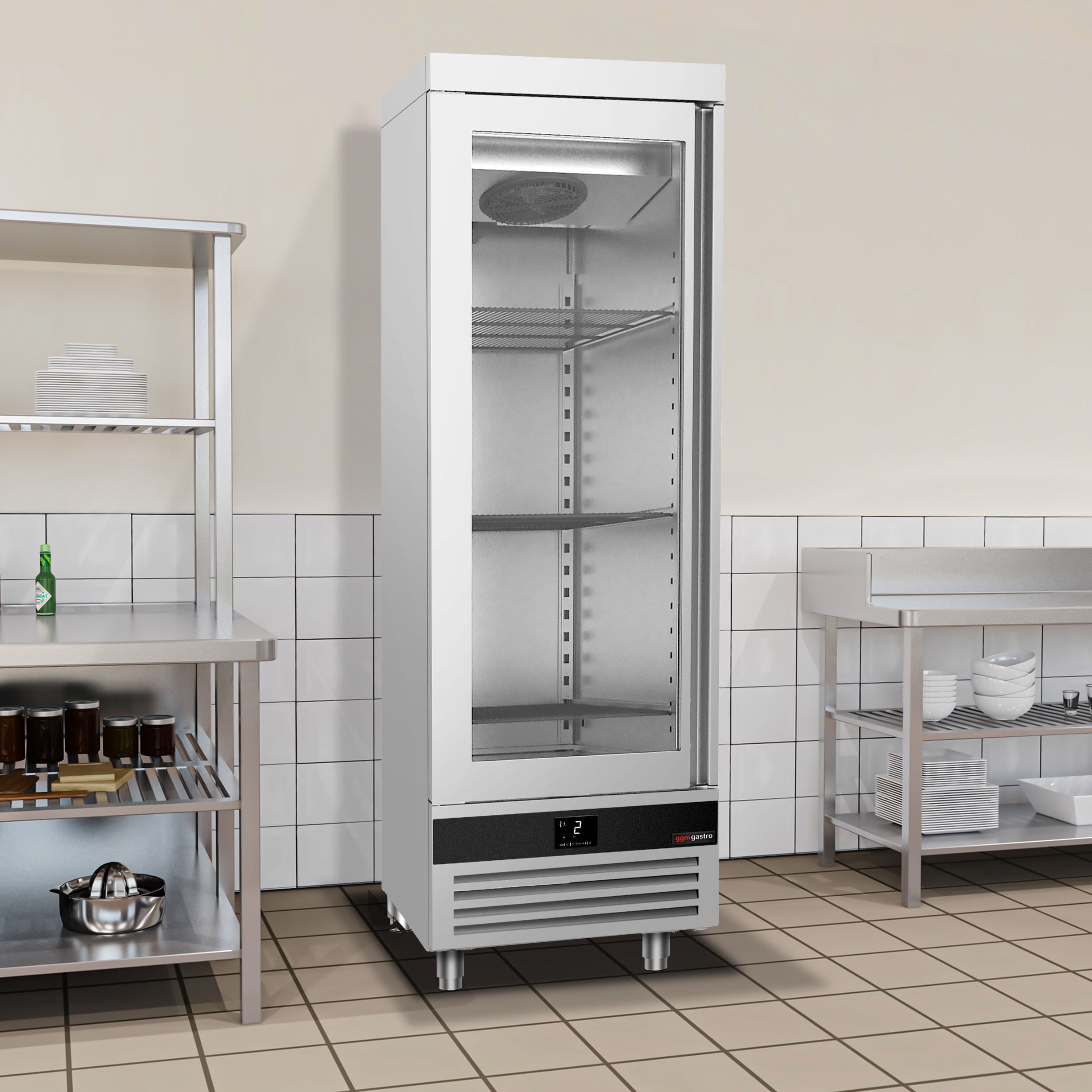 Armoire réfrigérée vitrée positive en acier inoxydable (AISI 430) PREMIUM - GN 2/1 - 600 L - avec 1 porte vitrée & 4 glissières & 4 grilles