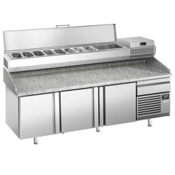 Stół chłodniczy do pizzy Premium PLUS – 2305 x 800 mm – z 3 drzwiami i 1 szufladą – wraz z witryną chłodniczą – 10 pojemników GN 1/3
