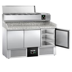 Stół chłodniczy do pizzy PREMIUM - 1400x700mm - z blatem granitowym - 3‑drzwiowy - z nadstawką chłodniczą - 6x GN 1/4