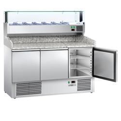 Pizzawerkbank ECO - 1400x700mm - met granieten werkblad - met 3 deuren - incl. glasvitrine LED - 6x GN 1/4