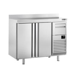 Hűtött munkaasztal PREMIUM PLUS - 1468x600 mm - 340 liter - 2 ajtó, felhajtott perem & kávé kiütő - rozsdamentes acél