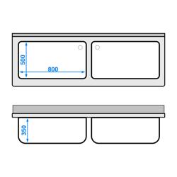 Fregadero para ollas de acero Inox. con estante inferior - 2,0 m - 2 fregaderos L 90 x B 50 x T 35 cm