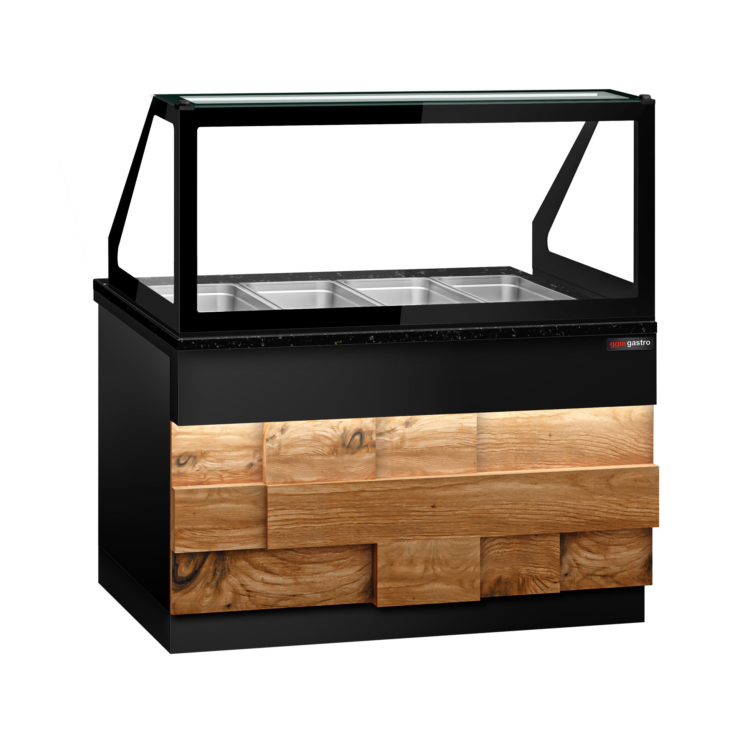 Vitrine chauffante TORONTO – 1500 mm – façade en bois – pour 4 × GN 1/1 – plan de travail en granit noir