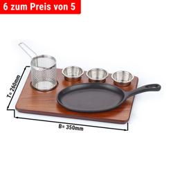 (6 pcs) Set de service fajitas - Set de 6 pièces - incl. poêle en fonte + planche + panier à friture + 3 bols à dips - Fonte - 350x260mm - poêle en fonte avec manche
