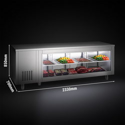 Koelwerkbank - 2330x700mm - 4 deuren aan de achterkant - met glazen voorkant