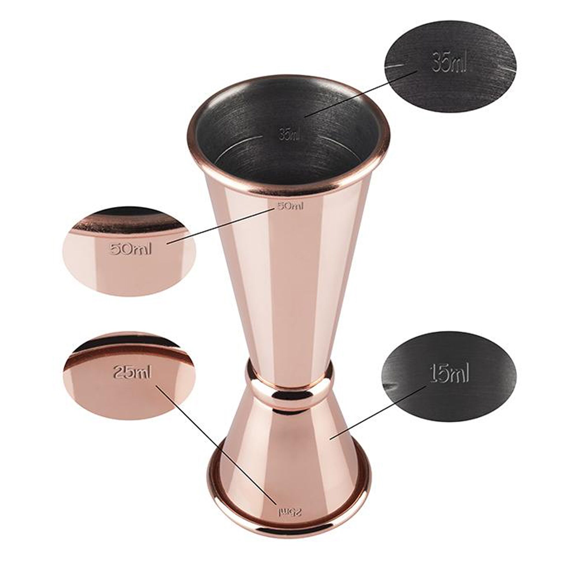 (6 pcs) Jigger double - acier inoxydable - 2,5cl/5cl (25/50 ml) - avec repère(s) 1,5cl/3,5cl - estampillé CE