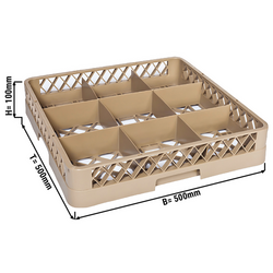 (6 pezzi) Cesto per lavaggio bicchieri 1/1 - 500x500mm - 9 scomparti - Beige