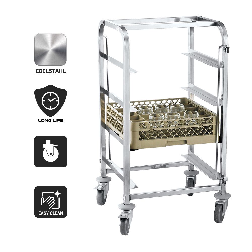 Chariot de transport pour paniers à vaisselle en acier inoxydable - 455x400mm - avec 4 surfaces de rangement en acier inoxydable - avec poignée