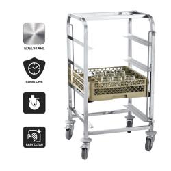 Carro porta‑vajilla 50x50 si está pensado para transportar cajas 50x50 apiladas - para 4 cestas Tamaño de cesto: 50x50cm - con 4 estantes de Acero inoxidable - sin asa