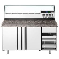 Pizzawerkbank PREMIUM - 1550x800mm - met granieten werkblad - met 2 deuren - incl. opzetkoelvitrine - 6x GN 1/3