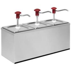 Såsdispenser - 3x 2 l - 500x180x340 mm - passar till GN 1/6-behållare, 200 mm djup - justerbar dosering - med behållare - droppsäker pip - inkl. rostfritt ställ