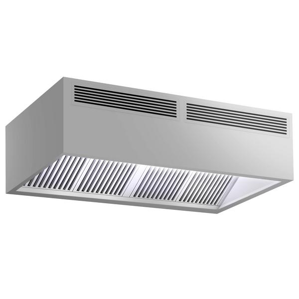Campana central cúbica profesional con inducción de aire - 2000mm - sin motor - con filtros de lamas - LED - AISI 304 - bandeja recogegrasas