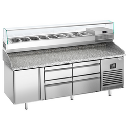 Pizza hazırlık tezgahı Premium PLUS - 1980x700mm - 1 kapılı ve 4 çekmeceli - soğutmalı vitrin dahil - 9x GN 1/4